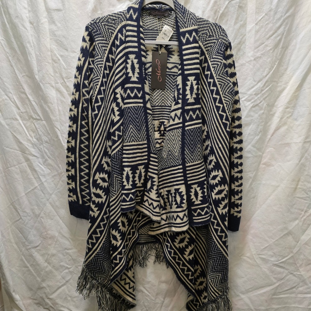 NWT Metric New York Navy Aztec Knit Fringe Draped Cardigan Sweater Small Boho